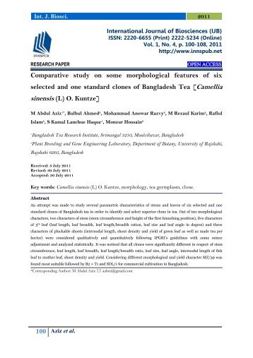 Comparative study on some morphological features of six selected and one standard clones of Bangladesh Tea [Camellia sinensis (L) O. Kuntze]