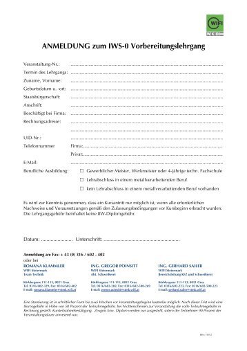 ANMELDUNG zum IWS-0 Vorbereitungslehrgang - WIFI Steiermark