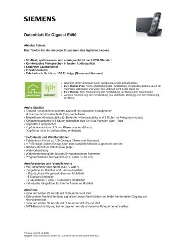 Datenblatt für Gigaset E490