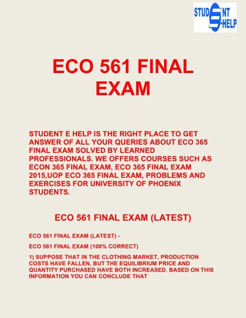 Student E Help - ECO 561 - ECO 561 final exam Questions & Answers