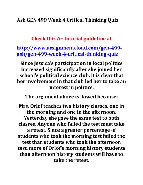 Ash GEN 499 Week 4 Critical Thinking Quiz