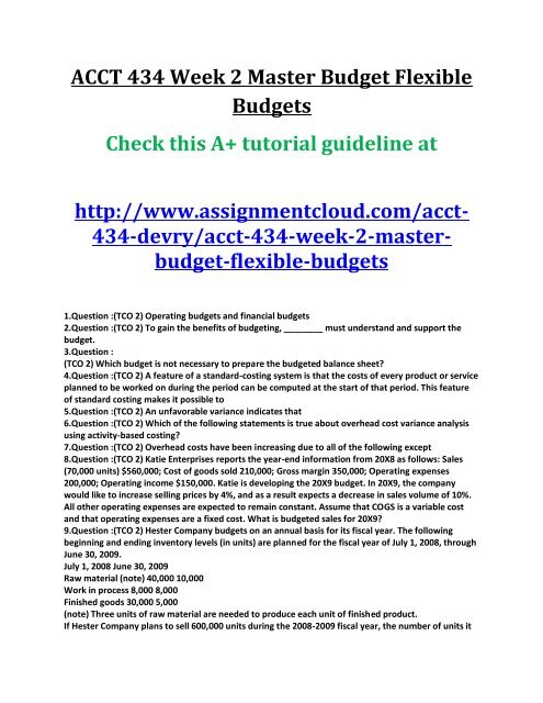 ACCT 434 Week 2 Master Budget Flexible Budgets