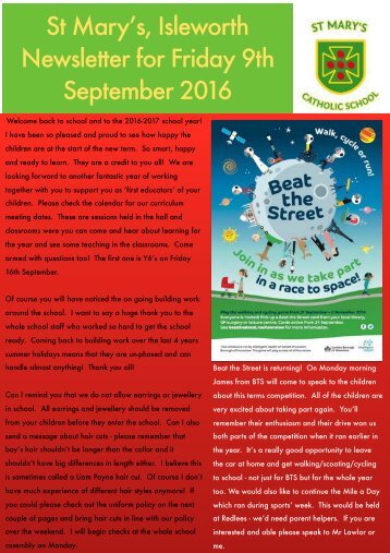 St Mary’s Isleworth Newsletter for Friday 9th September 2016