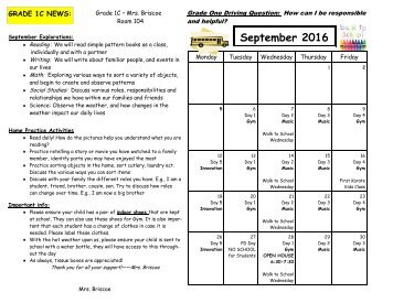 September 2016 Calendar and Curriculum