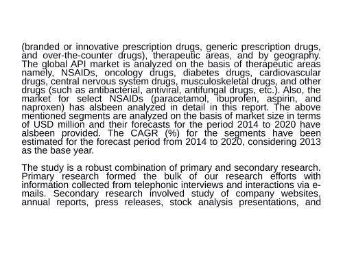 Active Pharmaceutical Ingredients (API) Market : In 2014 - 2020, Industry Size, Shares, Research Trends and Growth 