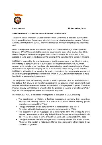 Satawu_Press Release_SatawuLimpopoGAALPrivatisation_Sept2016