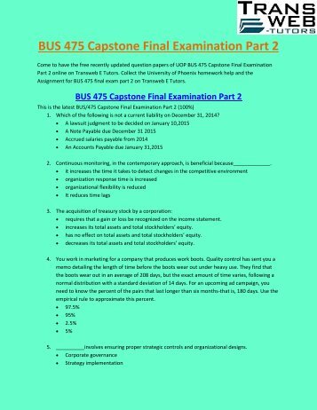 BUS 475 Capstone Final Examination Part 2 Answers | Transweb E Tutors