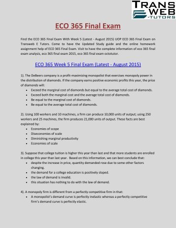 ECO 365 Final Exam | ECO 365 Final Exam Part 1/5 | Transweb E Tutors