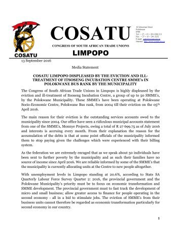 Media Statement - COSATU Limpopo displeased by the eviction and ill-treatment of SMME's by Polokwane Municipality