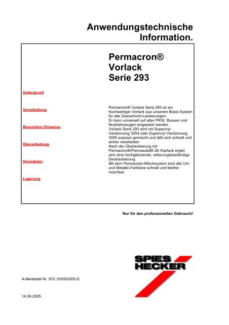 Anwendungstechnische Information. Permacron® Vorlack Serie 293