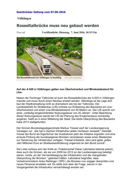 Auf der A 620 in Völklingen gelten nun Überholverbot und Mindestabstand für Lkw