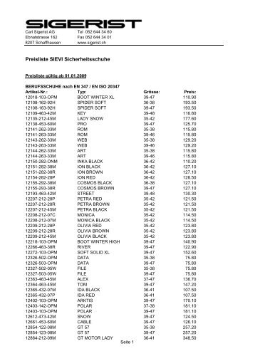 Preisliste SIEVI Sicherheitsschuhe - Carl Sigerist AG