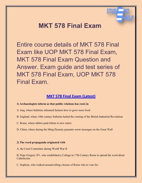 MKT 578 Final Exam - MKT 578 Final Exam Answer | Student E Help