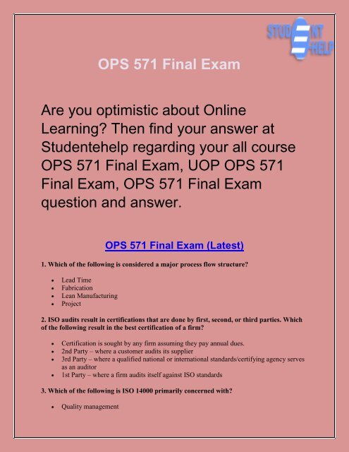 OPS 571 Final Exam : OPS 571 Final Exam Answer | Studentehelp