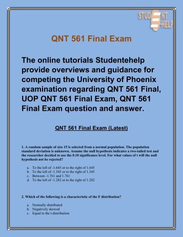 QNT 561 Final Exam Question And Answer | QNT 561 Final Exam | Studentehelp