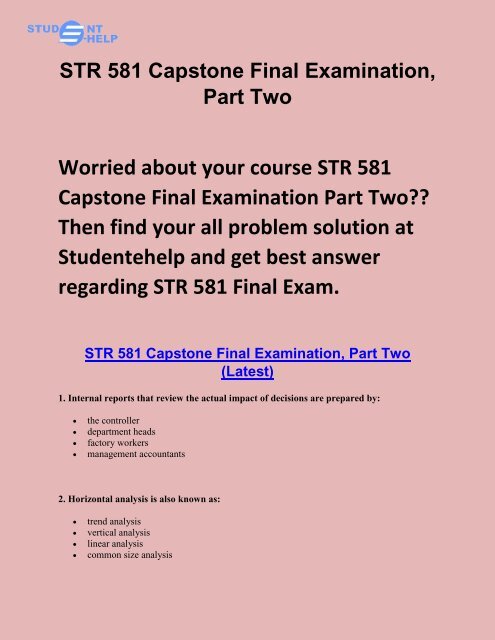 Student E Help : STR 581 Capstone Final Examination Part 2