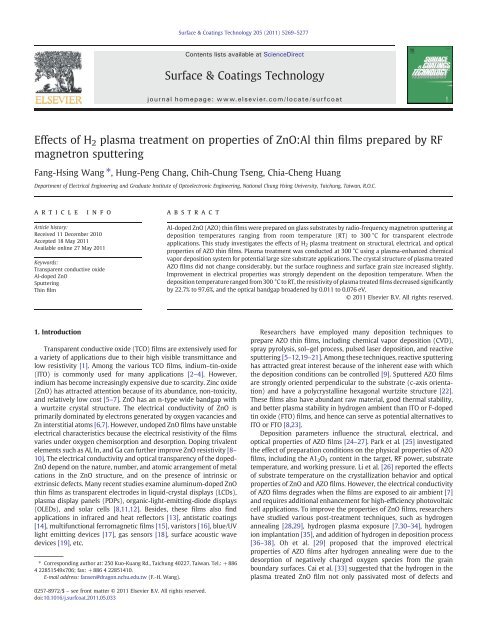 Effects of H2 plasma treatment on properties of ZnO:Al thin films ...