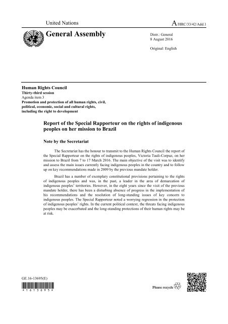 Report of the Special Rapporteur on the rights of indigenous peoples on her mission to Brazil (2)