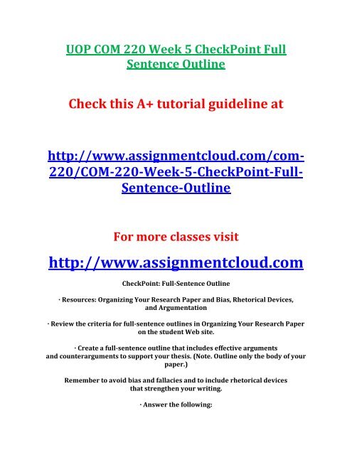 UOP COM 220 Week 5 CheckPoint Full Sentence Outline