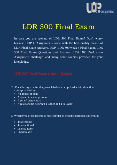 UOP E Assignments | LDR 300 Final Exam | LDR 300 Final Exam Question & Answers