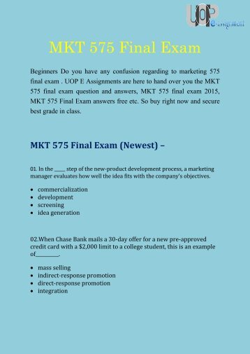 UOP E Assignments | MKT 575 Final Exam : Question And Answers
