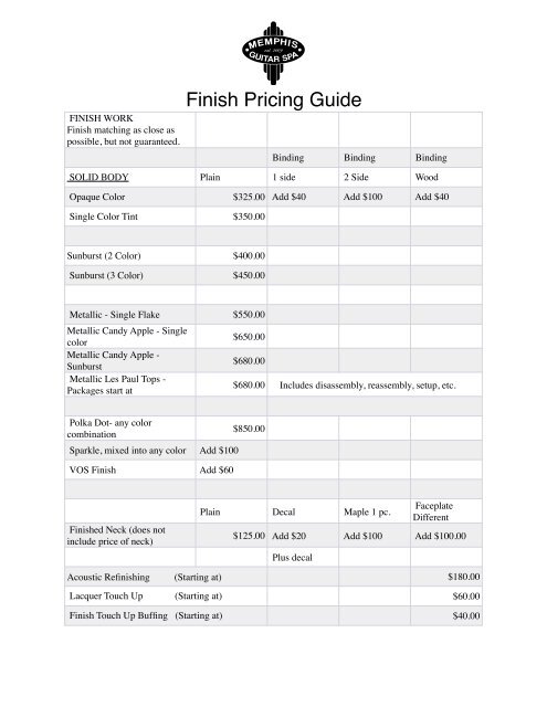 Finish Pricing Guide