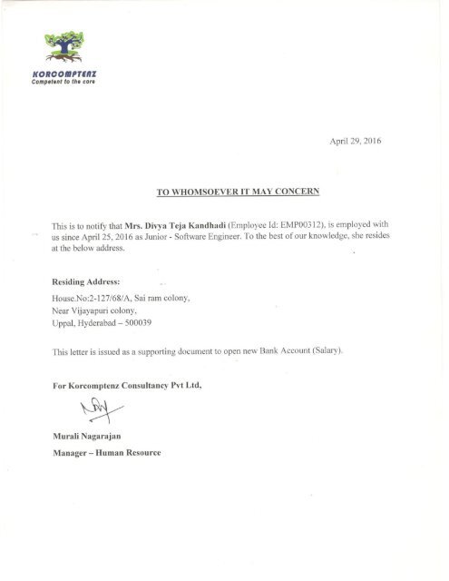 Divya Teja - Bank Letter