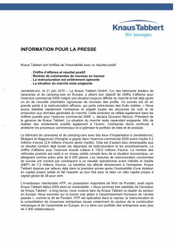 INFORMATION POUR LA PRESSE - Knaus Tabbert