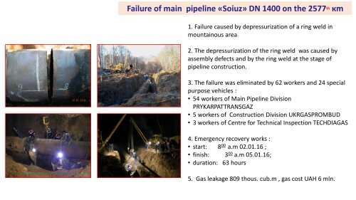 Failures  of main gas pipelines PJSC “UKRTRANSGAZ” during 2015-2016