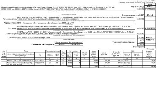  накладная (ТОРГ-12) № УТ-132 от 08.09.2016