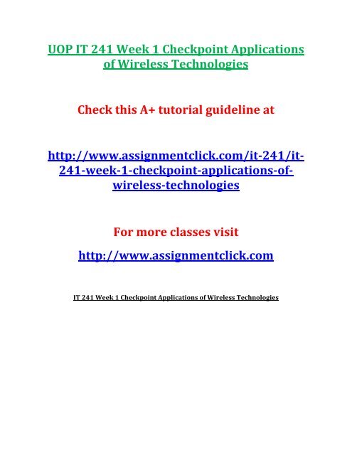 UOP IT 241 Week 1 Checkpoint Applications of Wireless Technologies