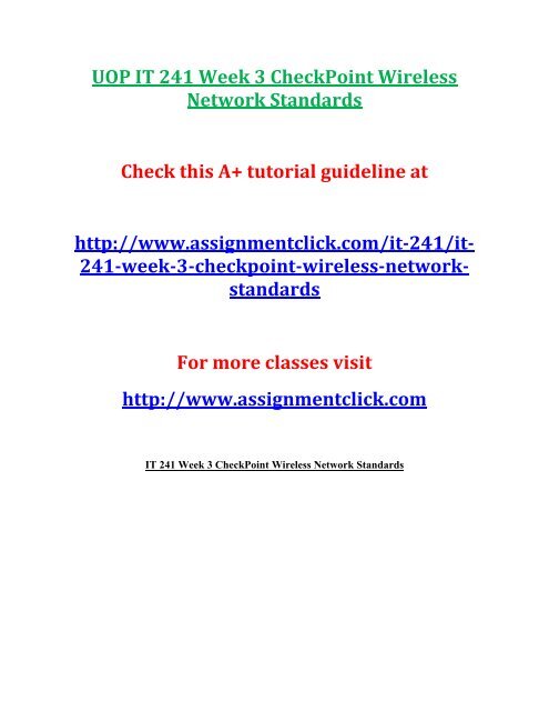 UOP IT 241 Week 3 CheckPoint Wireless Network Standards