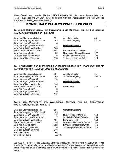 Mitteilungsblatt Juni 2008 - Gemeinde Bretzwil