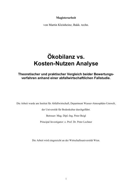 Ökobilanz vs. Kosten-Nutzen Analyse - H81 Department Wasser ...