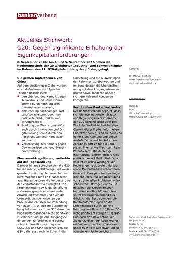 Aktuelles Stichwort: G20: Gegen signifikante Erhöhung der Eigenkapitalanforderungen
