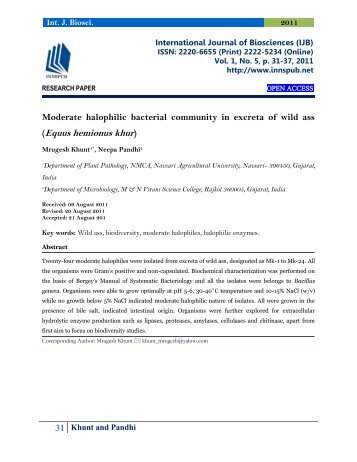 Moderate halophilic bacterial community in excreta of wild ass (Equus hemionus khur)