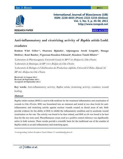 Anti-inflammatory and cicatrizing activity of Baphia nitida Lodd. exudates