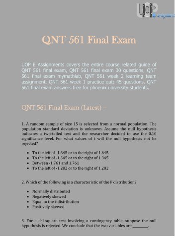 UOP E Assignments | QNT 561 Final Exam - Questions and Answers