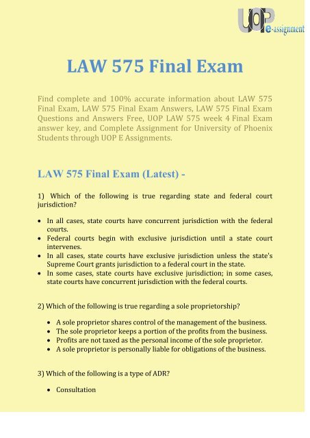 Uop E Assignments Law 575 Amp Law 575 Final Exam Question Amp Answers