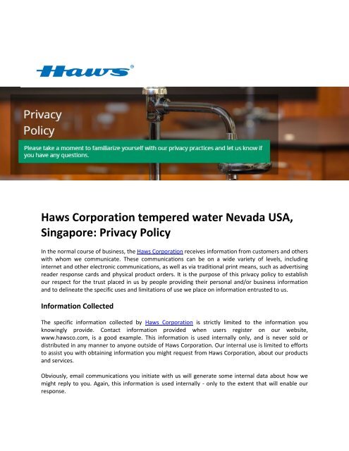 Haws Corporation tempered water Nevada USA, Singapore - Privacy Policy