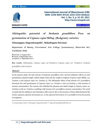 Allelopathic potential of Sesbania grandiflora Pers. on germination of Cajanus cajan Millsp. (Redgram) varieties Chinnappan Alagesaboopathi*, Mahalingam Deivanai