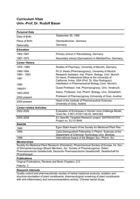 Curriculum Vitae Univ.-Prof. Dr. Rudolf Bauer