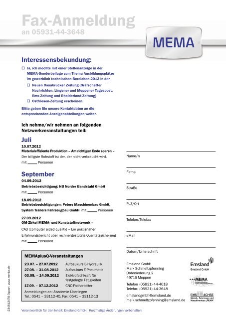 MEMA-Newsletter 3/2012 - Landkreis Emsland