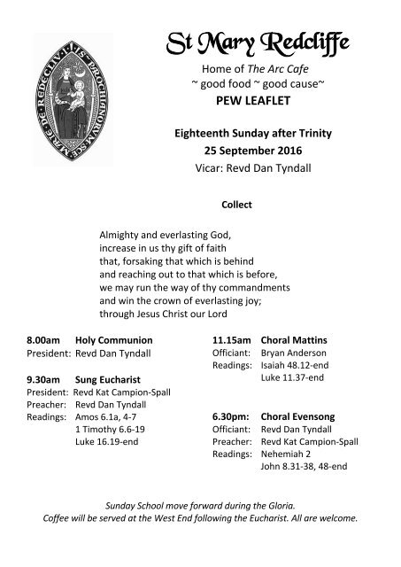 St Mary Redcliffe Church Pew Leaflet - 25 September 2016