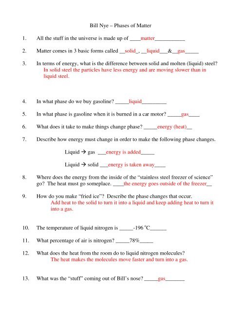 Bill Nye Phases Of Matter Worksheet Answers