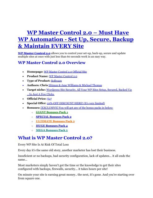 WP Master Control 2.0 Review and WP Master Control 2.0 (EXCLUSIVE) bonuses pack