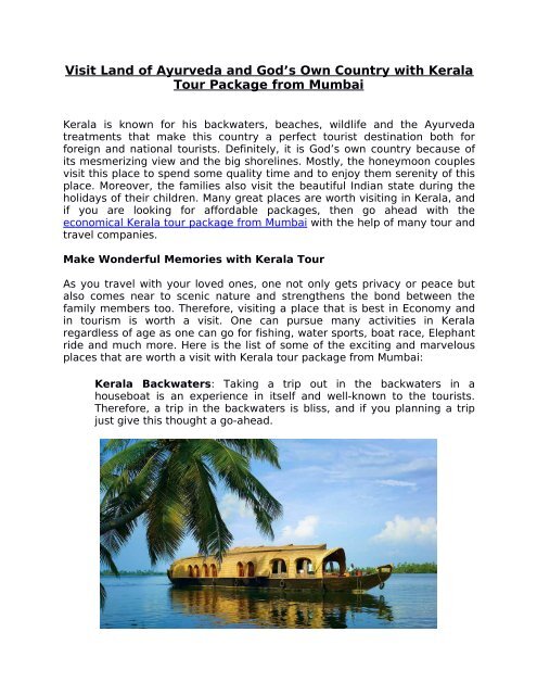 Visit Land of Ayurveda and God’s Own Country with Kerala Tour Package from Mumbai