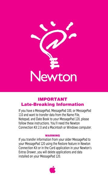 Apple Newton MessagePad, MessagePad 100, MessagePad 110 - Late-Breaking Information - Newton MessagePad, MessagePad 100, MessagePad 110 - Late-Breaking Information