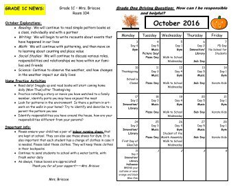 October 2016 Calendar and Curriculum