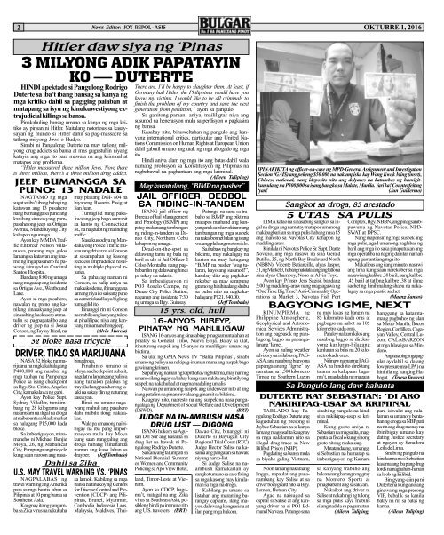 October 1, 2016 BULGAR: BOSES NG PINOY, MATA NG BAYAN